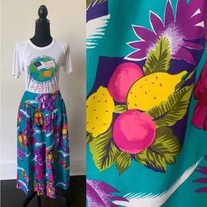 Vintage Lemon Print Turquoise and Purple Midi Skirt 80’s Hawaiian Midi Skirt